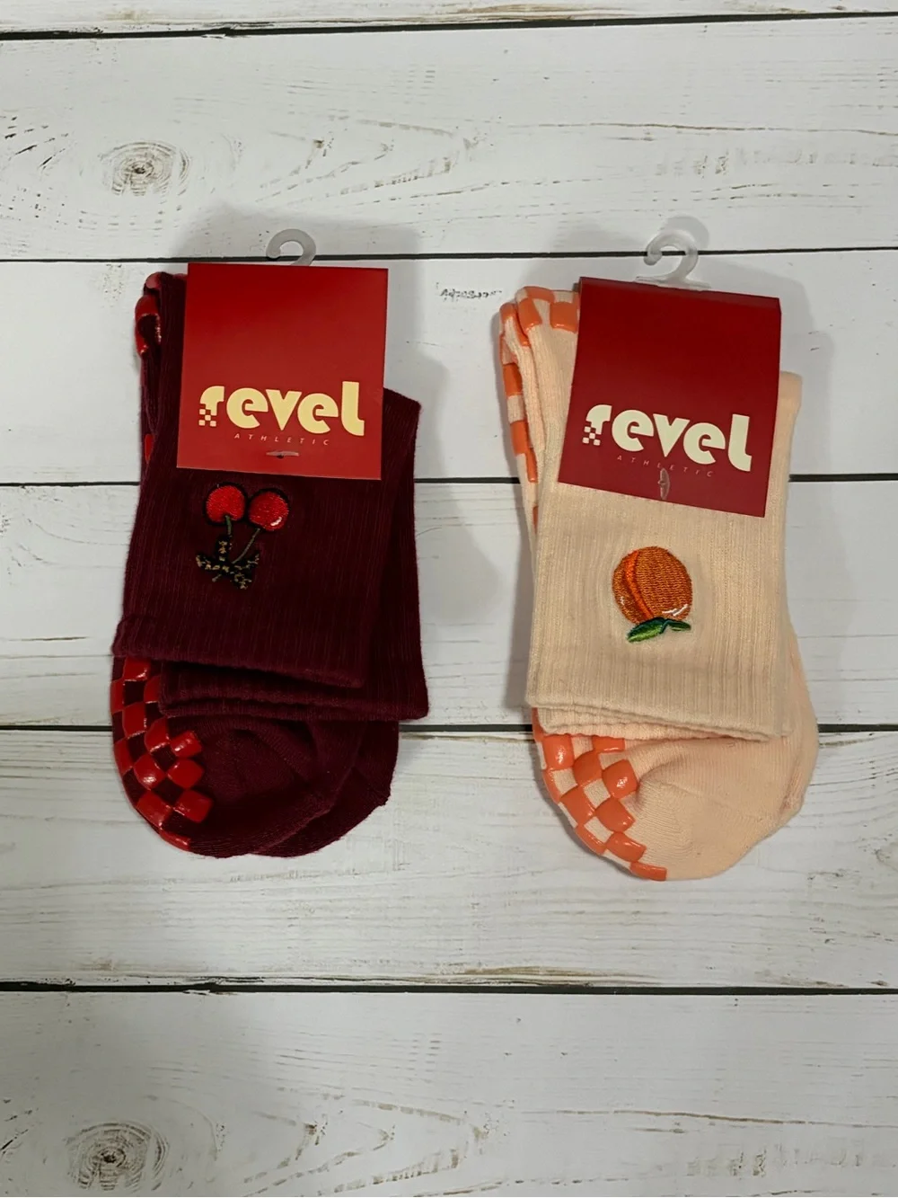 Pair of Revel Grip Crew Socks - Cherry Red & Peach Cream